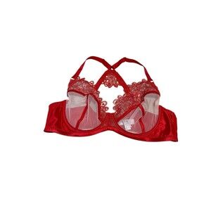 Playful Promises Red Sheer Lace Strappy Back Underwire Bra 44D